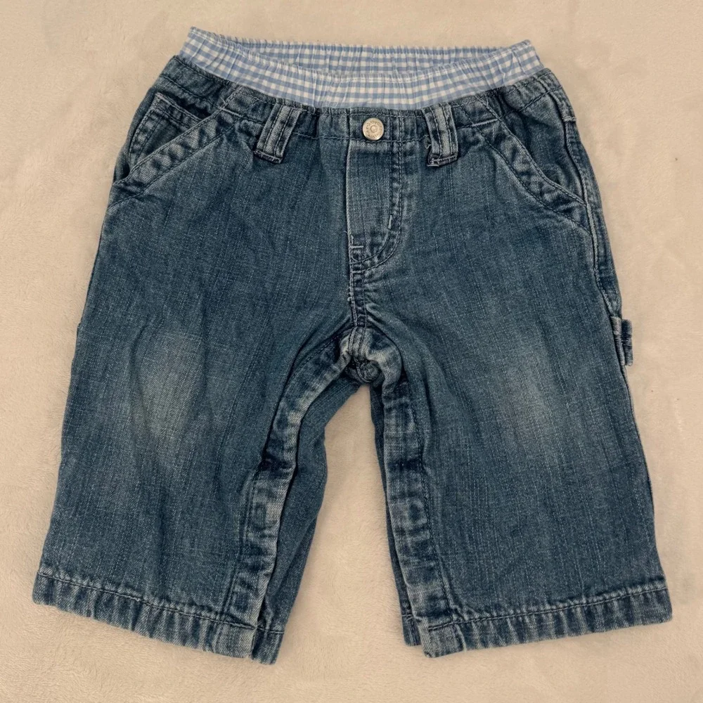 Baby Gap Denim Carpenter Pants Medium Wash Gingham Waist Size 6-12M Y2K 2000s
